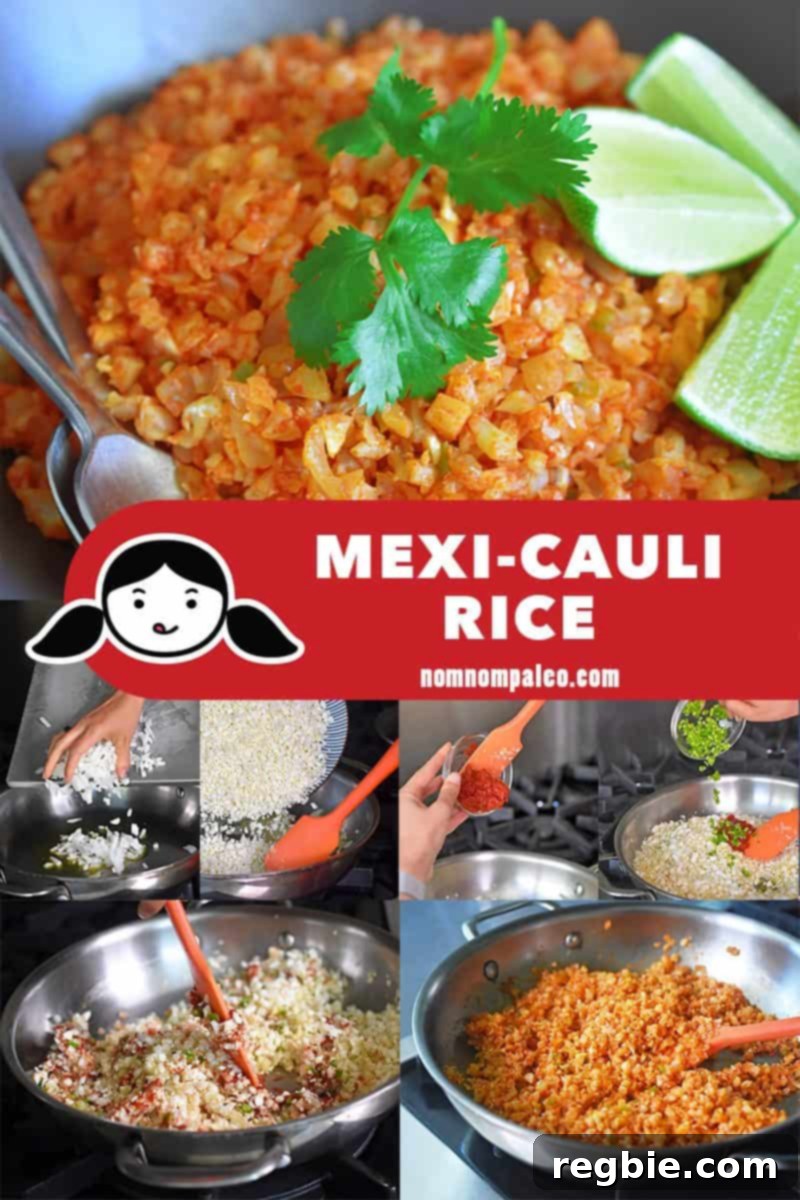 A visual collage showcasing the step-by-step cooking process for crafting perfect paleo Mexican Cauliflower Rice, an ideal healthy side dish.