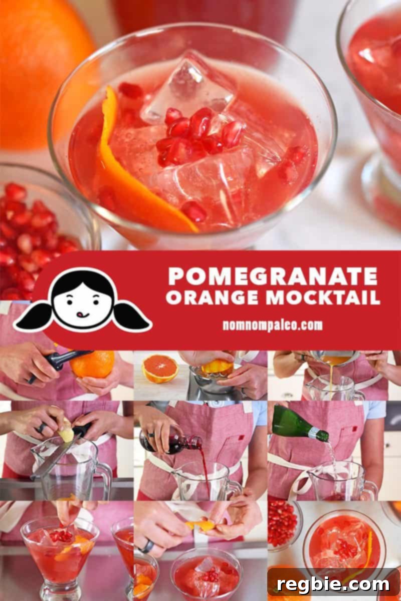 A collage of the steps needed to make a Pomegranate Orange Mocktail.