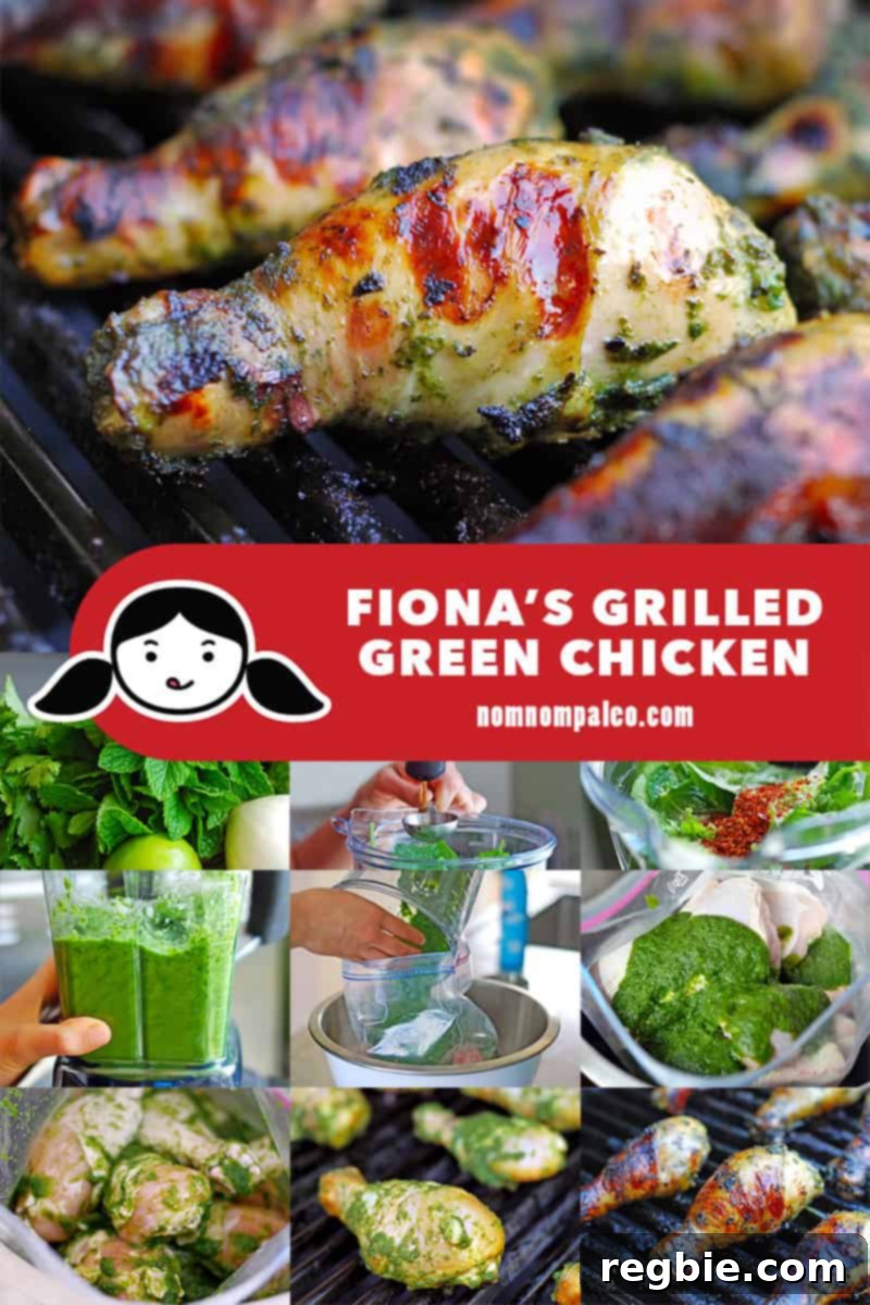 A collage showing the steps to prepare Fiona's Phenomenal Grilled Green Chicken, from fresh ingredients to a perfectly cooked, golden-brown chicken.