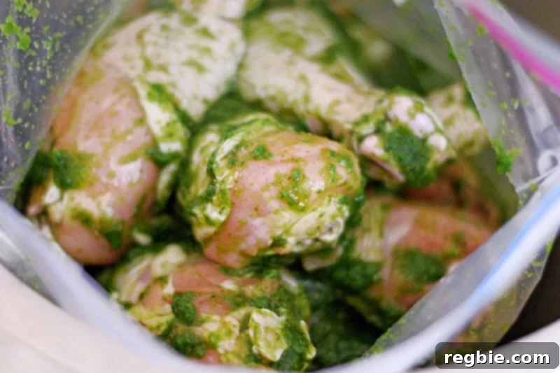 Overhead shot of the green gluten-free chicken marinade evenly distributed over the raw chicken inside a sealed Ziplock bag.