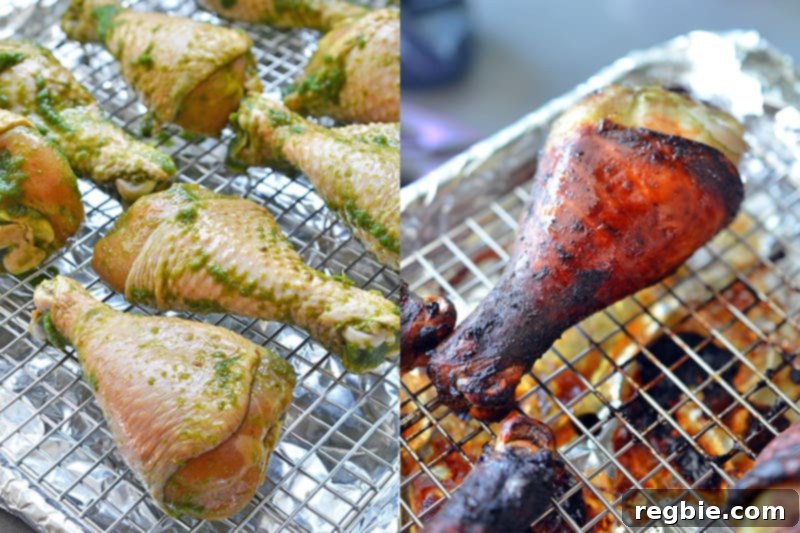 A side-by-side comparison showing Fiona’s Green Chicken, uncooked and marinated on the left, and perfectly roasted on the right.
