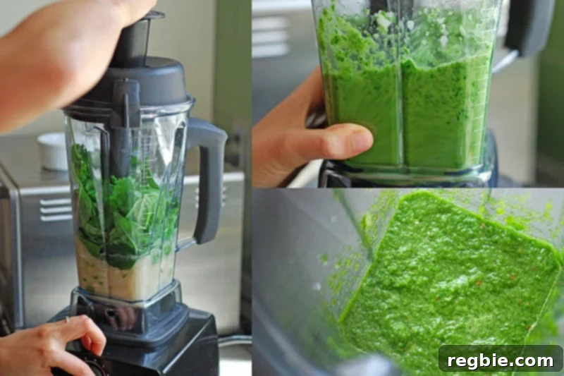 Close-up of a blender puréeing the green marinade ingredients for Fiona's Chicken, achieving a smooth consistency.