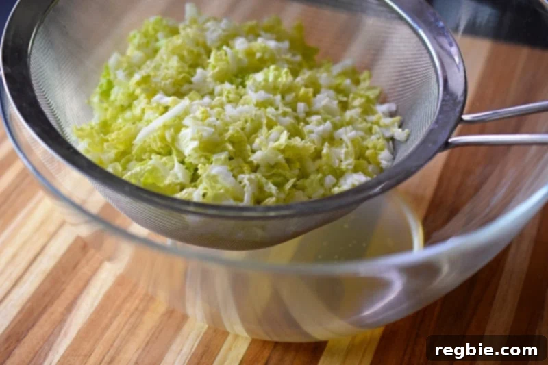 The salted napa cabbage in the fine mesh sieve releases liquid into the bowl.