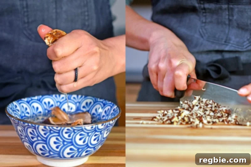 Squeeze the excess liquid from the softened shiitake mushrooms and finely dice them.