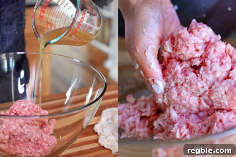 Combine the ground pork and chicken broth in a large bowl and mix well with your hands.