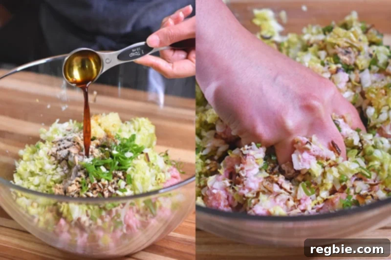 Add the coconut aminos and sesame oil to the paleo pot sticker filling and knead well with your hands.