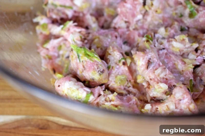 A bowl filled with the pork and vegetable filling for Paleo Pot Stickers.