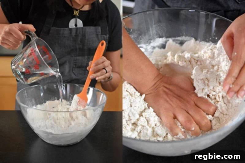 Place the wrapper dough ingredients into a large mixing bowl and mix in the boiling water.