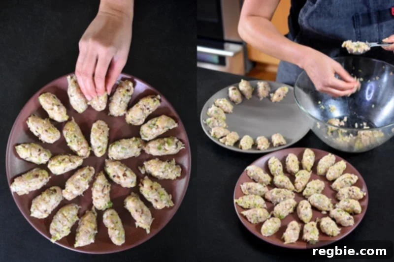 A brown and gray round plate are filled with oval-shaped Paleo Pot Sticker fillings.