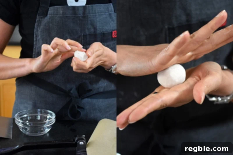 If the dough ball looks a little dry, dab it with some water and roll it in a ball.