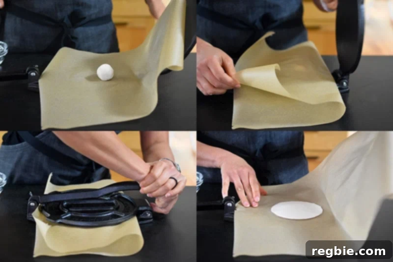 The dough ball is placed on the tortilla press in between a piece of parchment paper and smushed into a thin round wrapper.