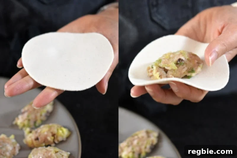  The pre-scooped oval-shaped Paleo Pot Sticker filling is placed in the middle the wrapper.