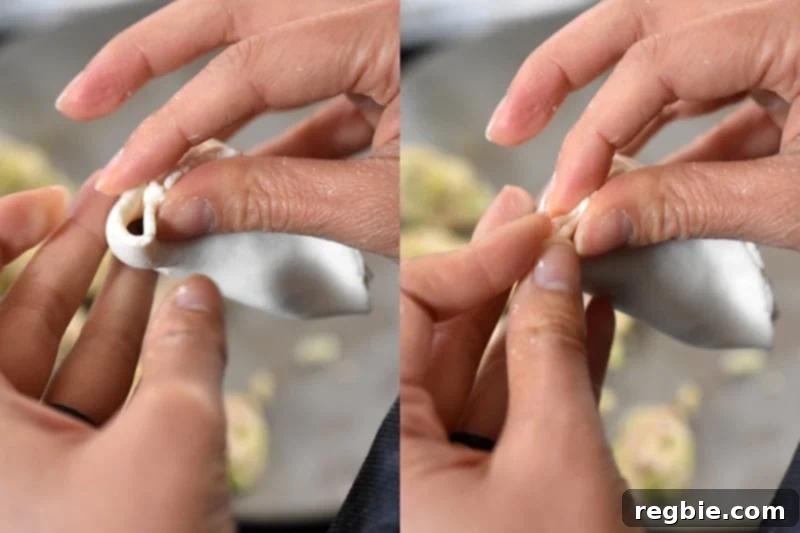 The pot sticker wrapper is crimped only on one side and sealed at the end. 