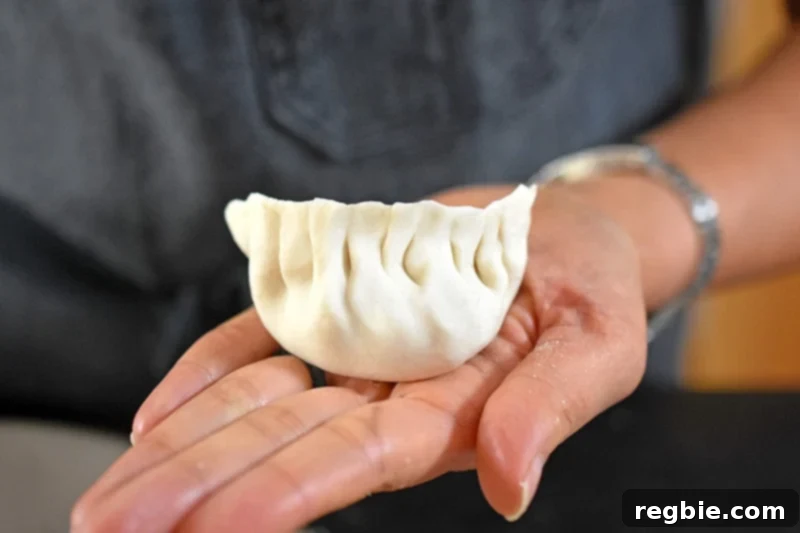 The finished pot sticker should have a flat bottom and form a crescent with the pleats on the outside.