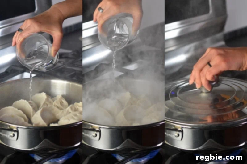 A small amount of boiling water is being poured into the pan and then a lid is placed over the Paleo Pot Stickers.