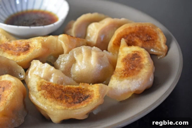 A close up of Paleo Pot Stickers with crispy golden bottoms and a dish of dipping sauce in the background.
