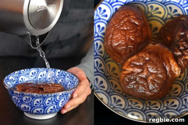 Three dried shiitake mushrooms are soaking in water in a blue and white bowl.