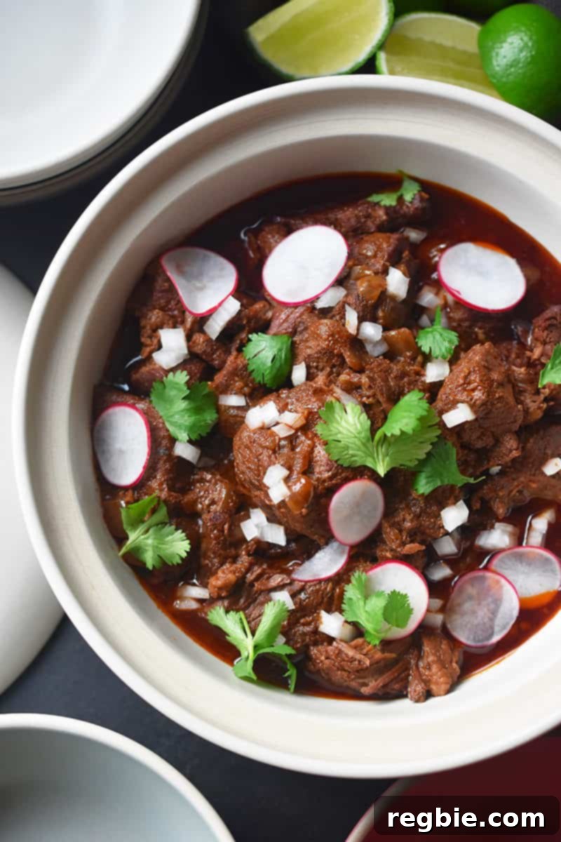 Overhead shot of Instant Pot Cowboy Chili topped with diced white onions, fresh cilantro, and vibrant sliced radishes.