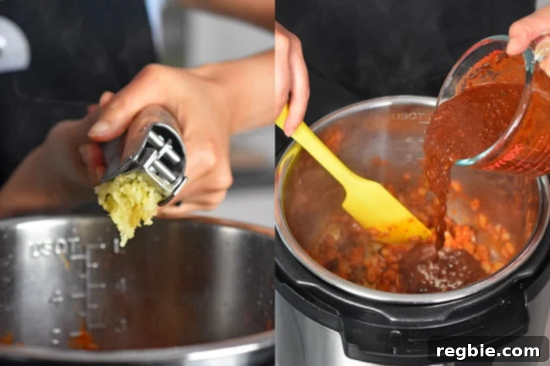 Minced garlic and the spice-chocolate-broth mixture are added to the Instant Pot, forming the chili base.