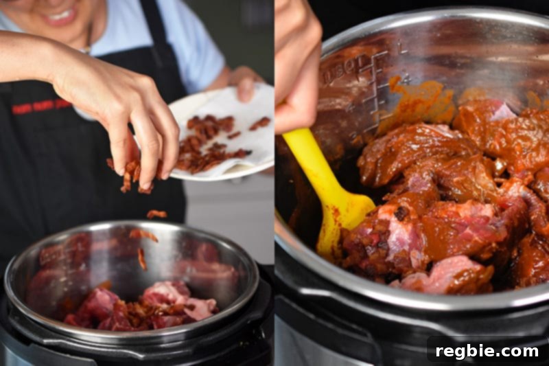 The salted beef and crispy bacon bits are mixed into the Instant Pot with the chili base and lime juice.