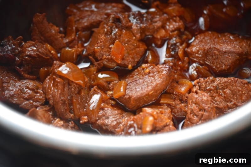 Overhead shot of Instant Pot Cowboy Chili after it is finished cooking and the pressure has released.