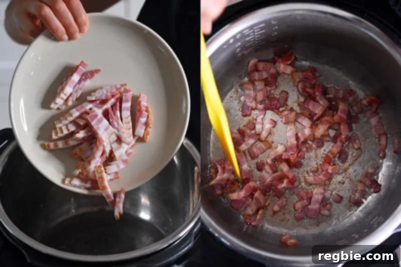 Thinly sliced bacon is cooked on the sauté function in the Instant Pot until crispy.