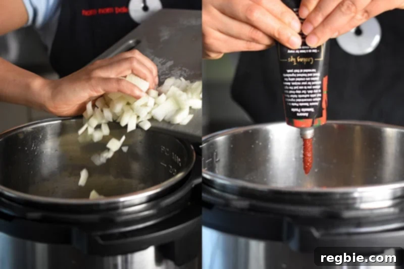 Diced onions and tomato paste are added to an Instant Pot and sautéed.