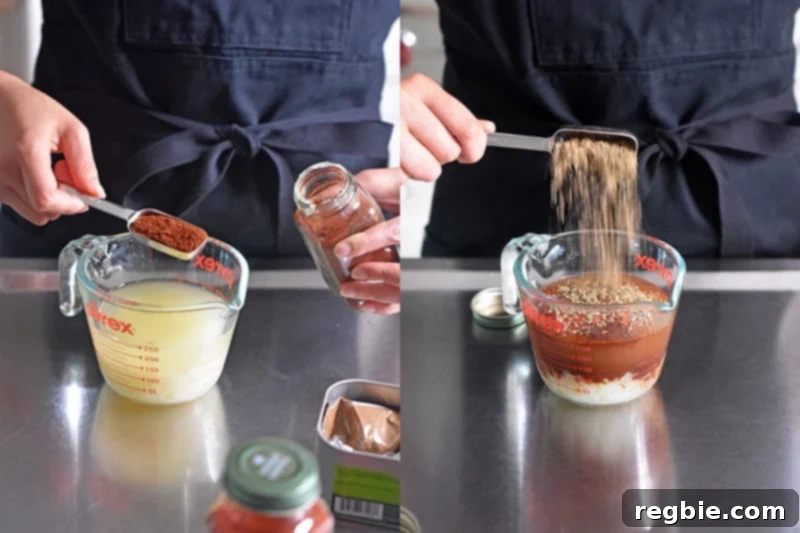 Cowboy Chili spices are added to chicken broth in a glass liquid measuring cup, ready to be mixed.