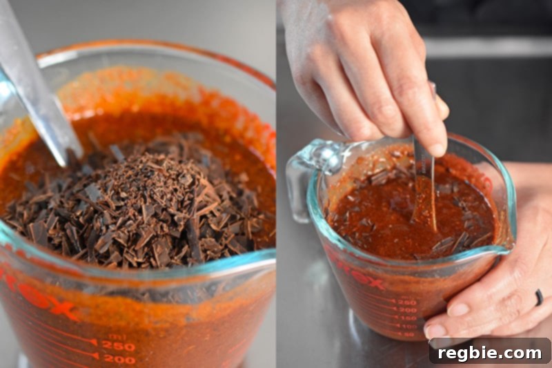 Shaved unsweetened chocolate is stirred into the Cowboy Chili spice and broth mixture.