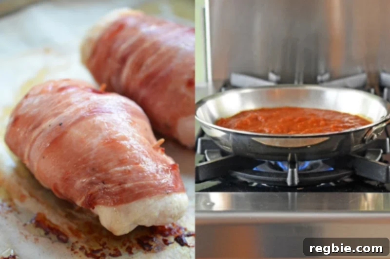 Delectable Prosciutto Chicken Rolls 13 Two beautifully cooked Chicken Prosciutto Involtini are resting on a baking sheet after being removed from the oven, allowing their juices to redistribute. In the background, marinara sauce simmers gently in a skillet over the stovetop, capturing the final, coordinated preparation steps before serving this delicious meal.