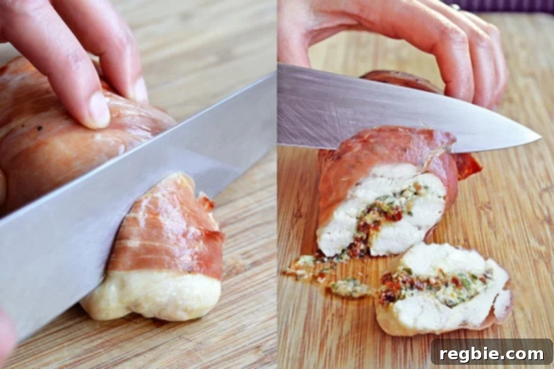 Delectable Prosciutto Chicken Rolls 14 A perfectly cooked Chicken Prosciutto Involtini is being expertly sliced into thick, uniform rounds on a rustic wooden cutting board. The image highlights the juicy interior, the distinct layers of filling, and the crisp prosciutto, showcasing the dish ready to be plated and served.