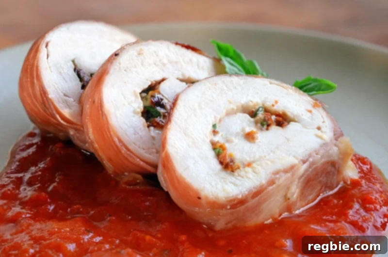 Delectable Prosciutto Chicken Rolls 15 Artfully sliced Chicken Prosciutto Involtini are gently placed on an angle over a generous bed of rich marinara sauce, creating an inviting and visually appealing presentation. The vibrant colors and textures promise a delightful culinary experience, ready to be enjoyed immediately.