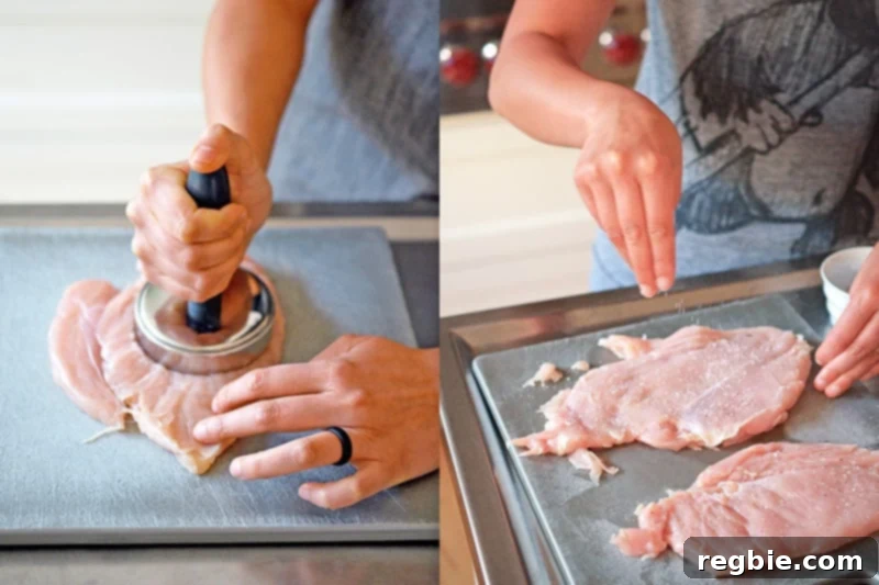 Delectable Prosciutto Chicken Rolls 6 A chicken breast is being expertly pounded flat with a meat pounder on a clean cutting board, illustrating the critical step of achieving an even thickness for optimal cooking. It is then lightly seasoned with kosher salt and freshly ground black pepper, preparing it to receive the flavorful filling and prosciutto wrap.
