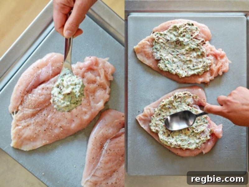 Delectable Prosciutto Chicken Rolls 8 The seasoned mayonnaise mixture is skillfully spread across one side of a flattened chicken breast, ensuring even coverage while meticulously leaving a small ½-inch border. This crucial preparation step primes the chicken for rolling, guaranteeing that every bite will be infused with rich flavor and essential moisture.