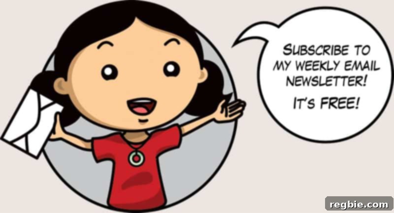 Whole30 January: Prepare for Your Fresh Start 10 A cartoon illustration of Michelle Tam of Nom Nom Paleo holding an envelope and inviting readers to 'Subscribe to my weekly email newsletter! It's free!'