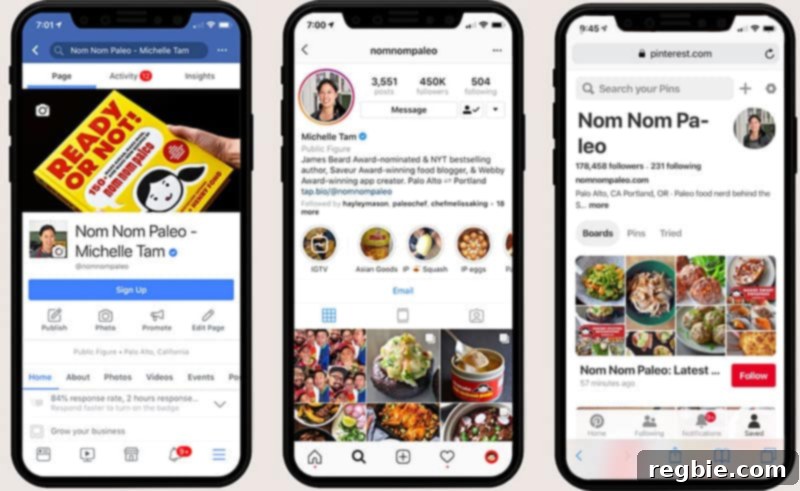 Whole30 January: Prepare for Your Fresh Start 11 Three iPhone X screens displaying the Nom Nom Paleo profiles on Facebook, Instagram, and Pinterest, highlighting social media engagement.
