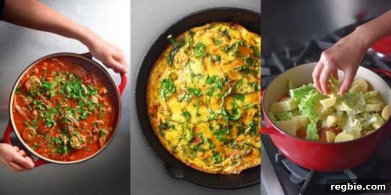 Whole30 January: Prepare for Your Fresh Start 15 A picture of Sunday Gravy, a frittata, and some vegetables in a pot, demonstrating versatile Whole30 meal options and leftovers.