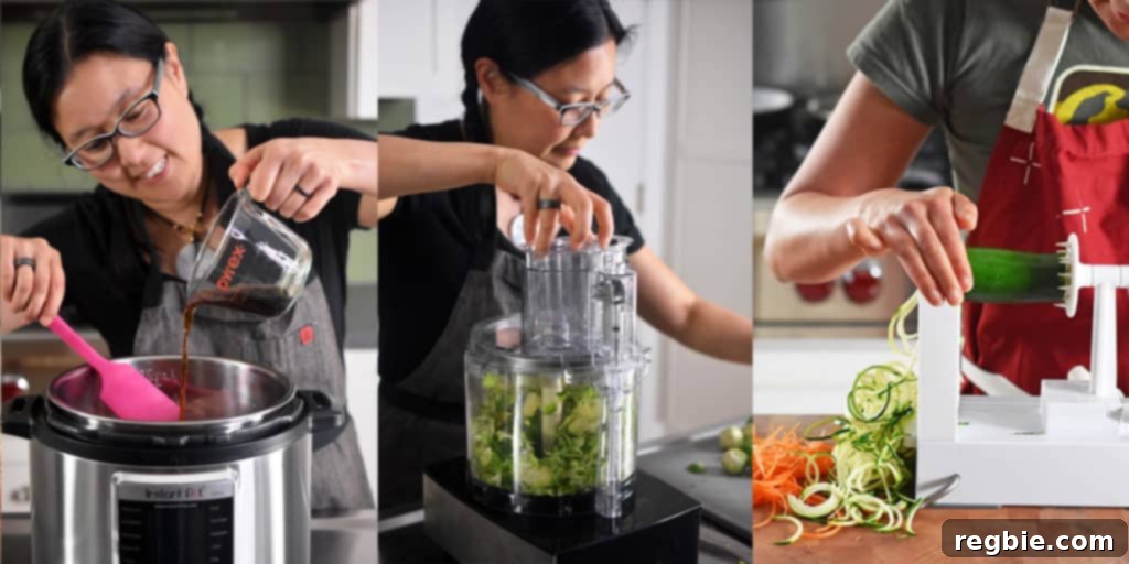 Whole30 January: Prepare for Your Fresh Start 7 A collage featuring a woman pouring sauce into an Instant Pot, a woman chopping vegetables in a food processor, and someone spiralizing zucchini, showcasing versatile kitchen tools.