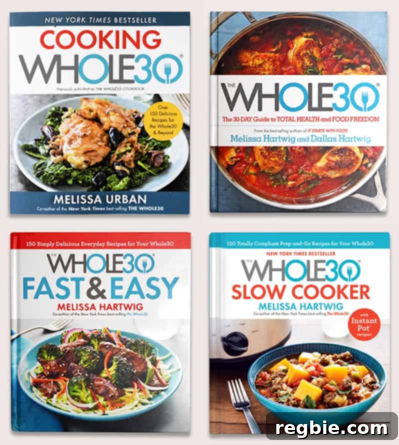 Whole30 January: Prepare for Your Fresh Start 8 An overhead shot showcasing four different Whole30 cookbooks, providing a wealth of recipes and guidance.