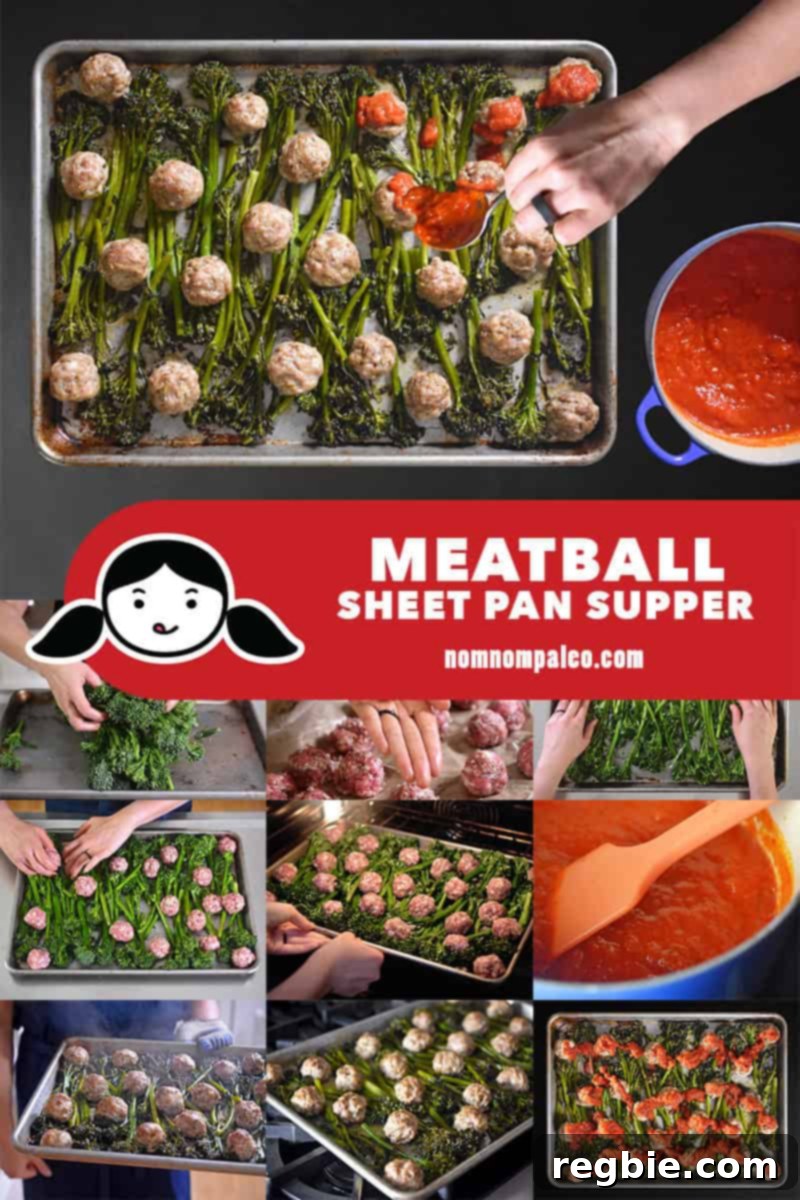 A collage of the steps to make Meatball and Broccolini Sheet Pan Supper. Shows ingredients and preparation steps.