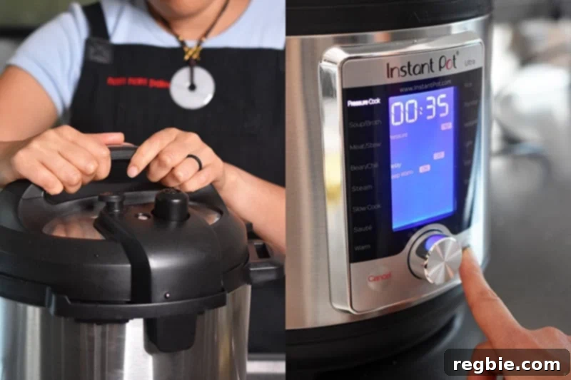 The picture on the left shows someone locking the lid on an Instant Pot and the picture on the right shows someone programming an Instant Pot Ultra.