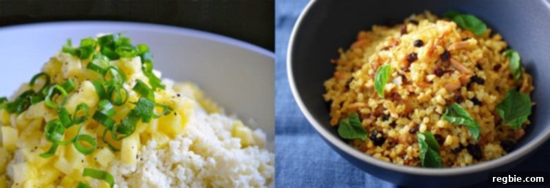 A mouth-watering shot showcasing two unique cauliflower rice dishes: a tropical Coconut Pineapple "Rice" and an aromatic Persian Cauliflower Rice.