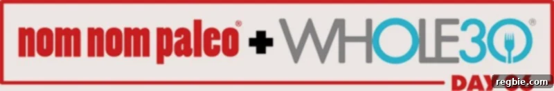 Banner displaying 'Nom Nom Paleo + Whole30 Day 6' with a focus on healthy eating and delicious meals