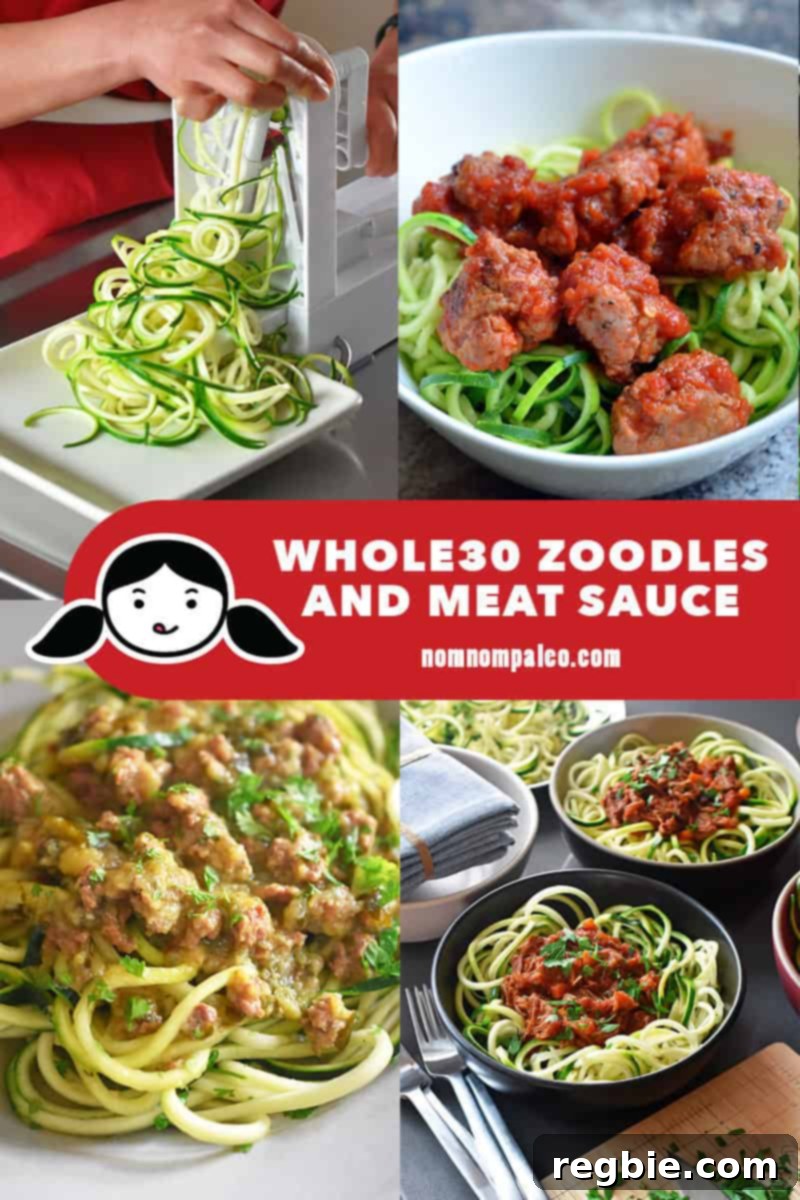 A vibrant collage featuring various Nom Nom Paleo Whole30-friendly zoodle dishes paired with rich meat sauces, showcasing healthy pasta alternatives.
