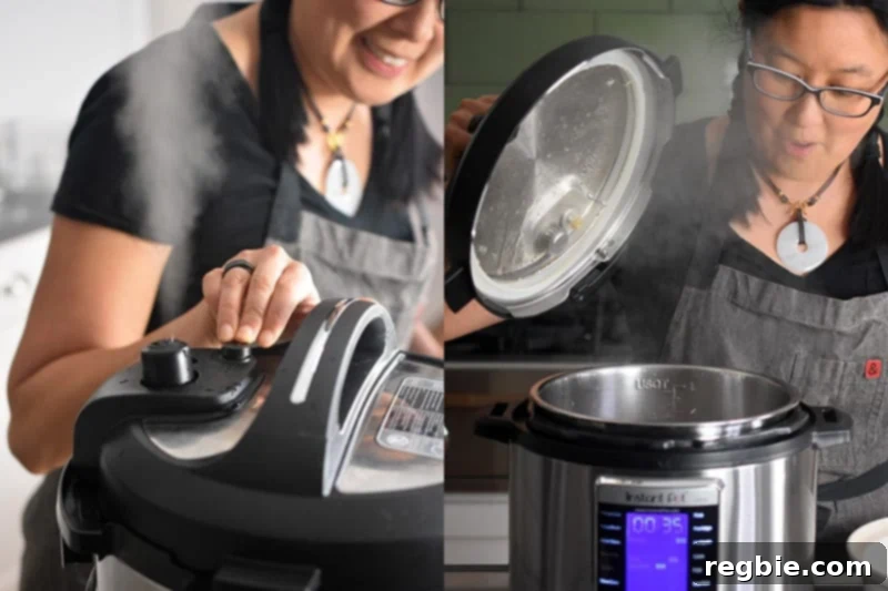 Two images: left shows a woman manually releasing steam from an Instant Pot; right shows the lid removed, with steam rising from the cooked stew.