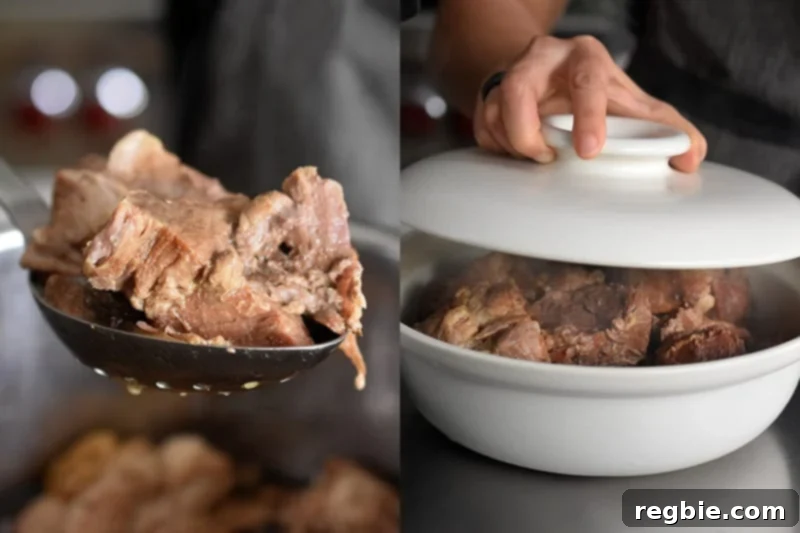 Two images: left shows a spoon lifting out a piece of fork-tender pork; right shows the cooked pork stew placed in a covered serving bowl to keep warm.