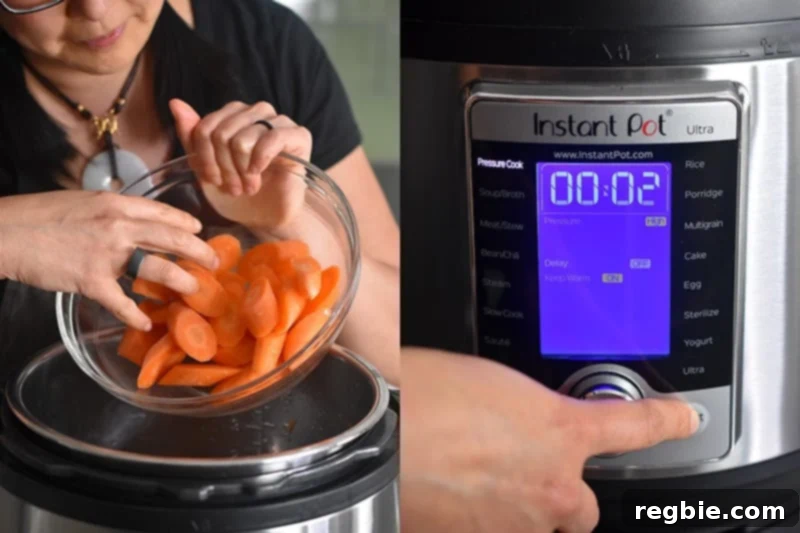 Sliced carrots are being added to an open Instant Pot, with the display showing the 2-minute high pressure cooking time.