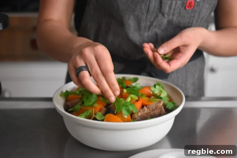 A person is adding fresh cilantro and chopped scallions as a garnish to the top of a bowl of Instant Pot Vietnamese Pork Stew.
