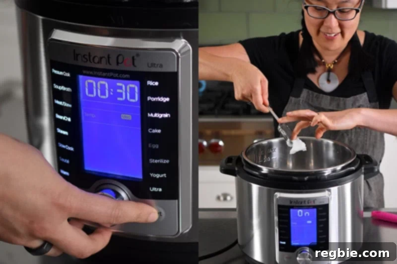 A front shot of an Instant Pot Ultra on the sauté function. A woman's hand is adding a spoonful of coconut oil to the hot Instant Pot inner pot.