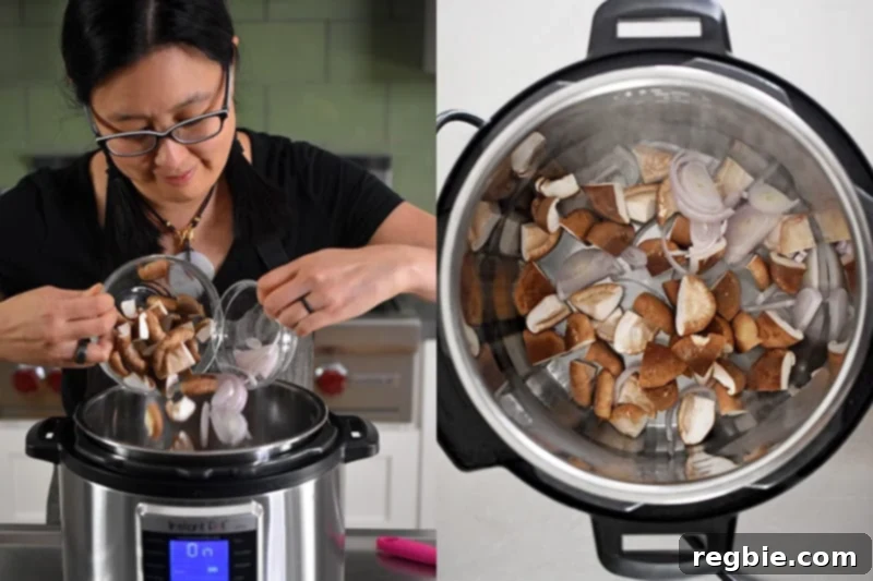 Sliced shiitake mushrooms and shallots are being added to an open, hot Instant Pot.